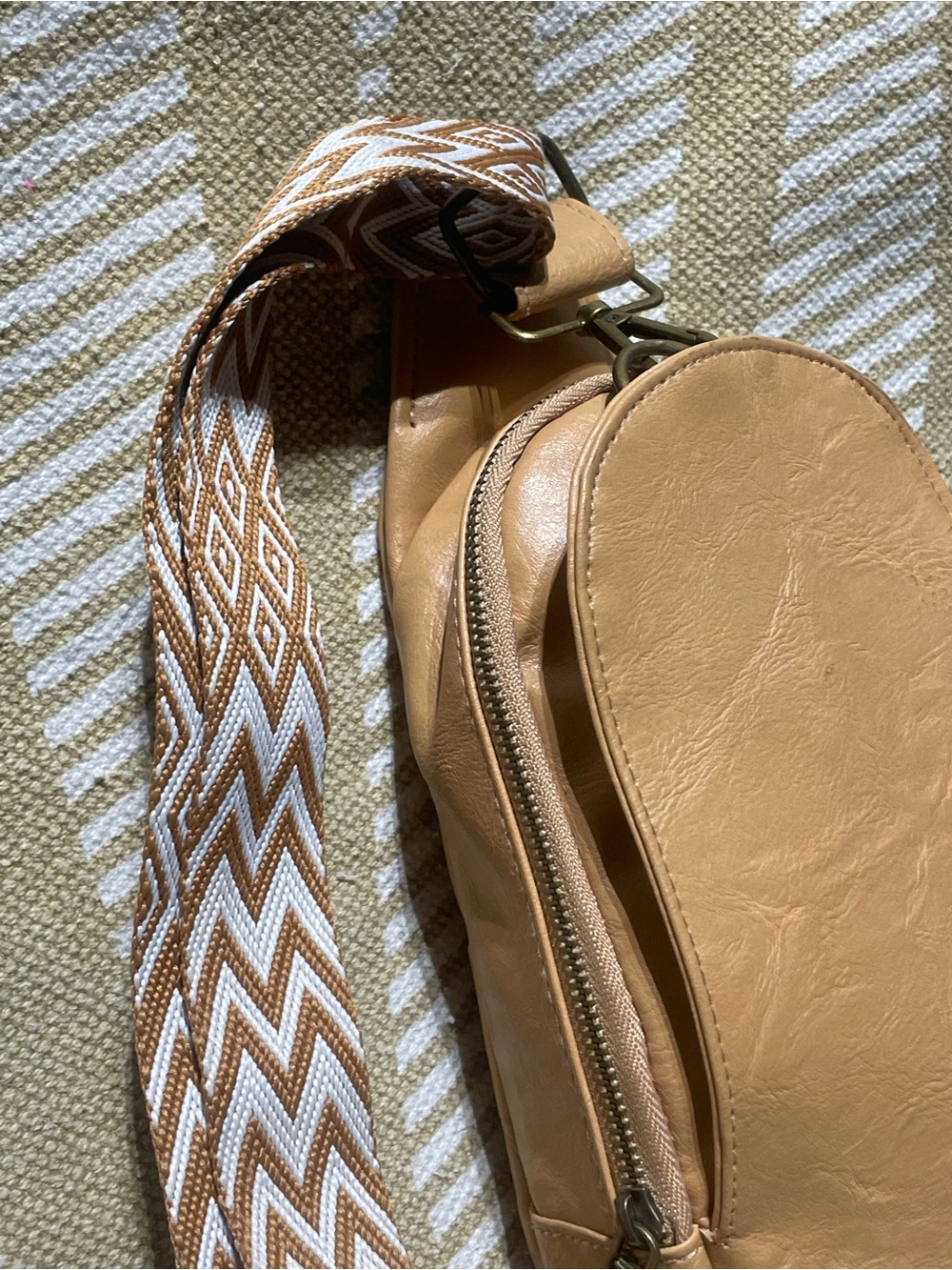 Tan Crossbody Sling Bag with Patterned Strap - Picture 7 of 16